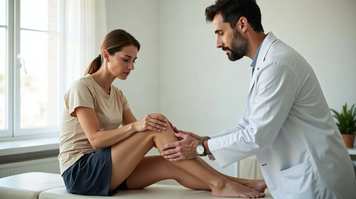 Ορθοπαιδικός εξετάζει το γόνατο ασθενούς καθώς το λυγίζει
