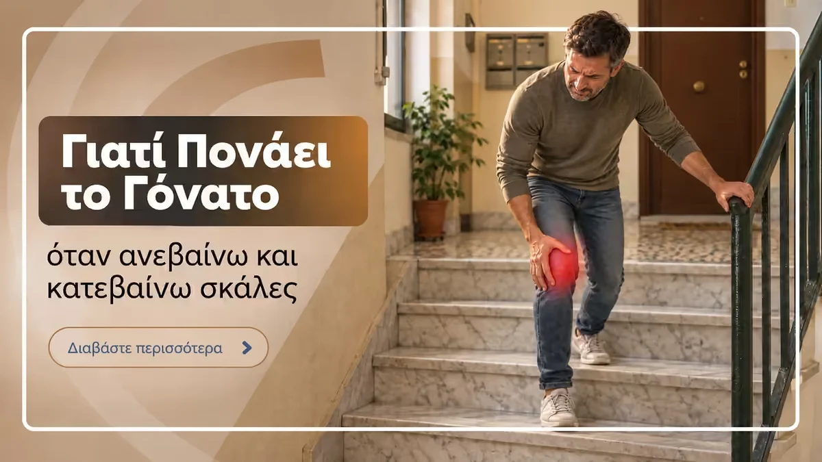 Άνδρας κατεβαίνει σκάλες κρατώντας το γόνατο που πονάει