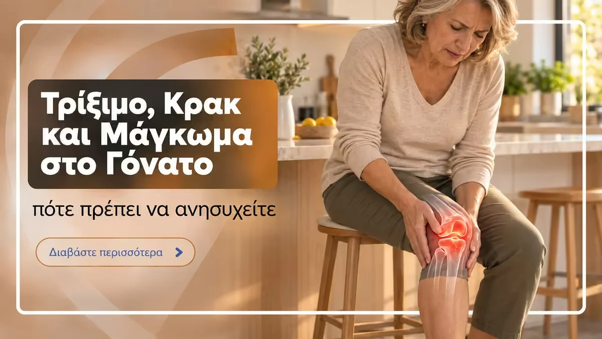 Γυναίκα κάθεται σε σκαμπό και κρατά το γόνατο που πονάει